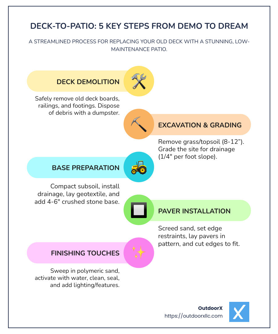 Infographic showing 8 detailed steps of patio installation from excavation to finished product, with time estimates for each phase - replacing a deck with a patio infographic infographic-line-5-steps-colors