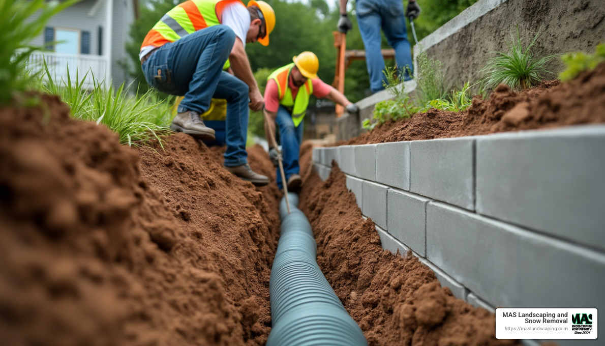 construction crew installing drainage pipe behind retaining wall - retaining wall construction near me