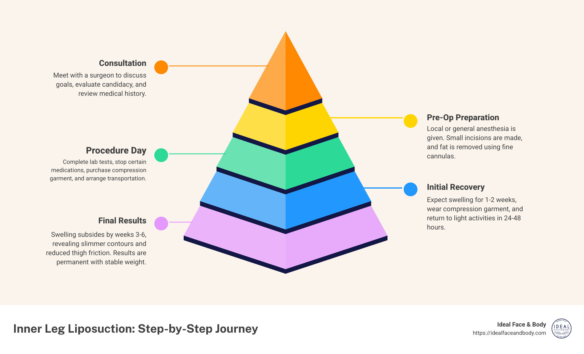 Inner leg liposuction procedure showing the three key treatment zones (upper diamond zone, medial diamond zone, lower knee zone), incision placement locations, expected recovery timeline (days 1-3: significant swelling, days 4-14: decreasing swelling, weeks 3-6: final results emerging), and before/after outcome expectations - inner leg liposuction infographic pyramid-hierarchy-5-steps