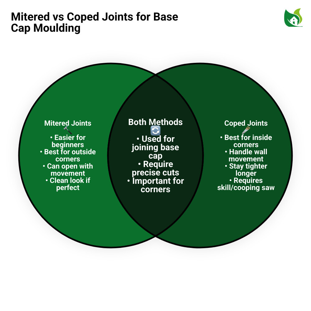 Comparison of mitered versus coped joints for base cap moulding - how to install base cap moulding infographic venn_diagram