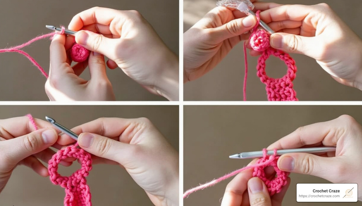 Step by step demonstration of the magic ring technique - crochet stitch guide