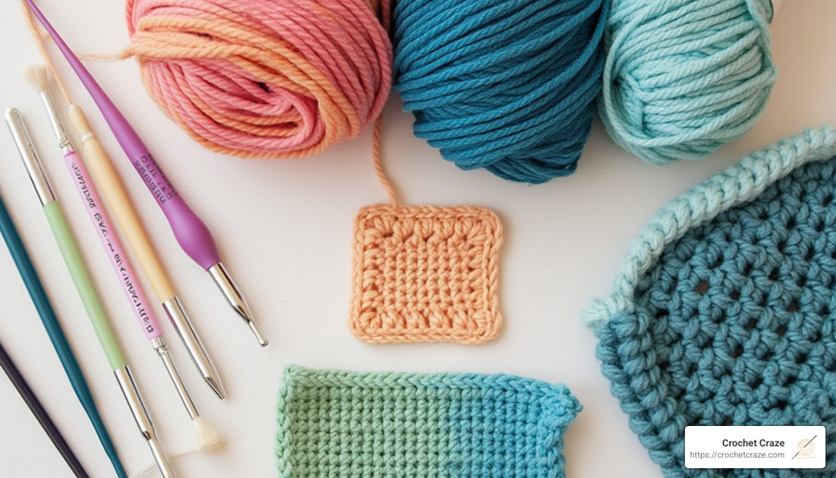 Crochet supplies including various hook sizes and yarn weights arranged neatly with a gauge swatch - crochet stitch guide