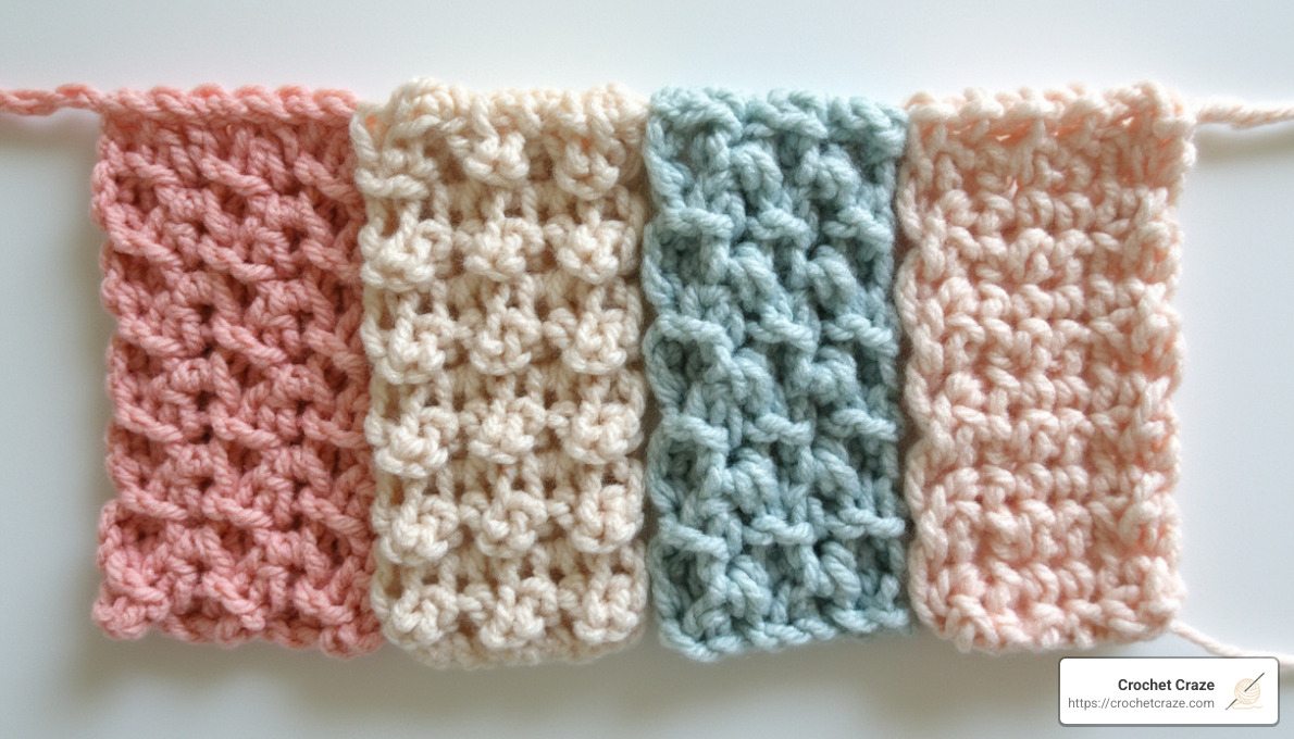 Textured crochet swatches showing waffle, shell, bobble, and crocodile stitches - crochet stitch guide