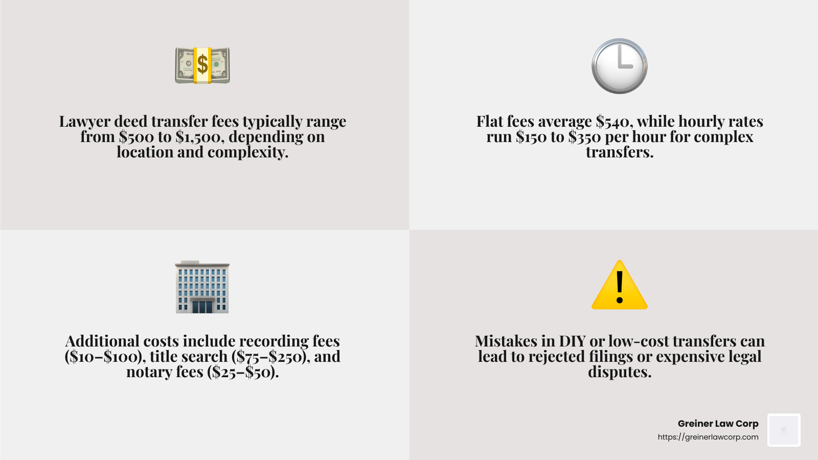 Detailed breakdown of attorney deed transfer costs showing flat fees vs hourly rates, included services, and additional expenses across different states with comparisons of simple vs complex transfers - how much does a lawyer charge to transfer a deed infographic 4_facts_emoji_grey