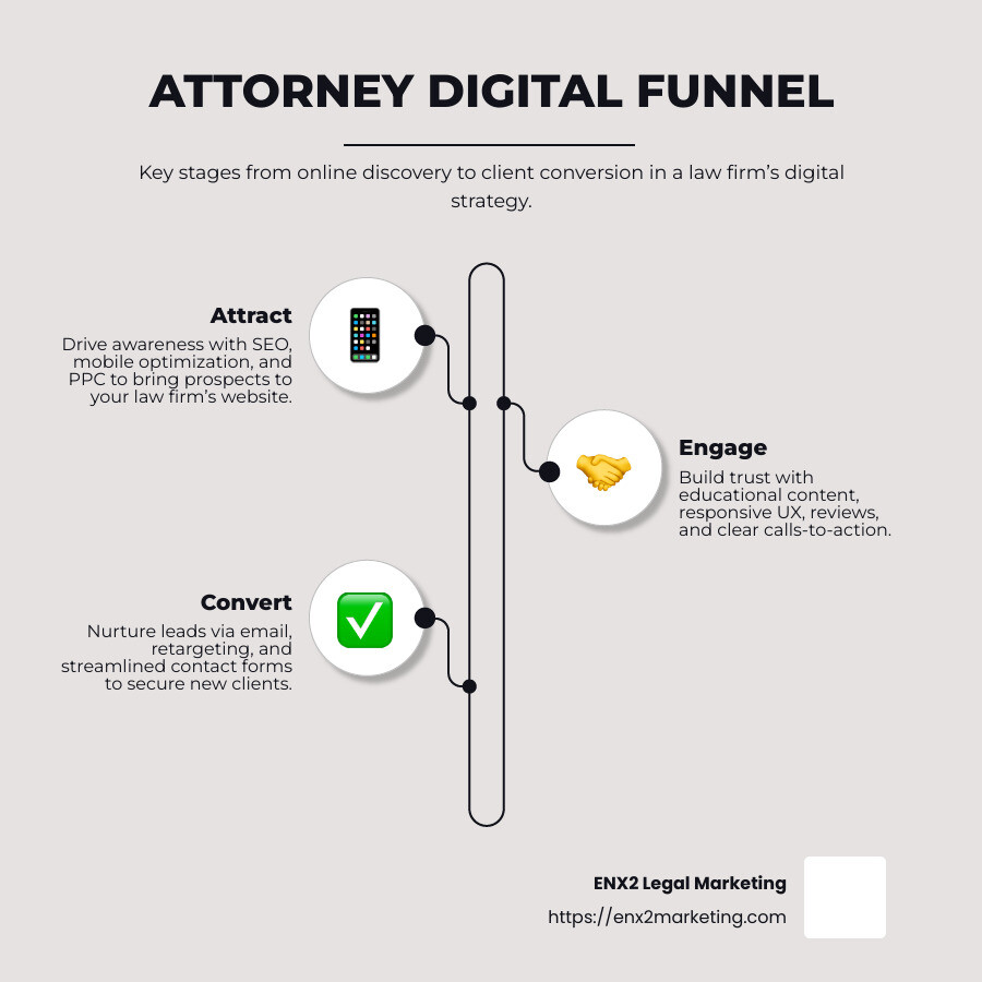 Digital marketing funnel for attorneys showing website visitors converting through stages to become clients, with key metrics and touchpoints at each stage - Digital strategy for attorneys infographic infographic-line-3-steps-neat_beige