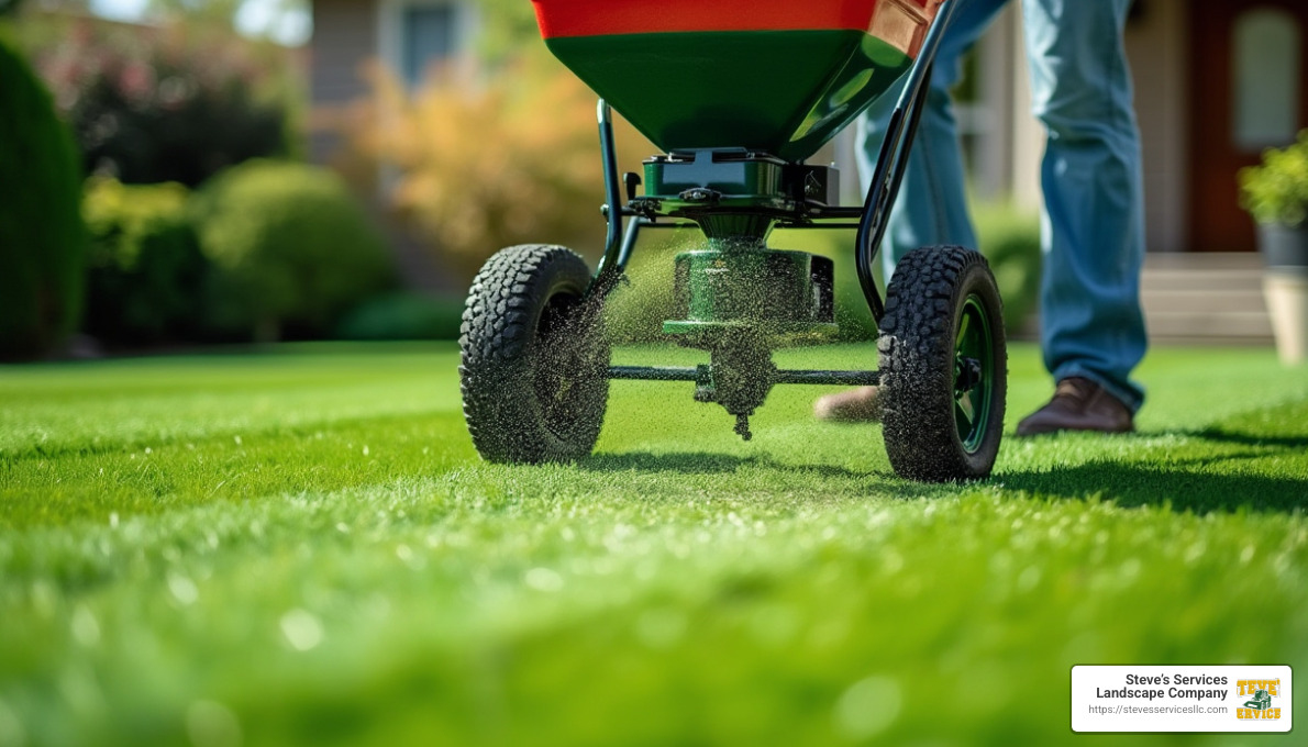 lawn spreader applying granular fertilizer to new sod - Best fertilizer for new sod