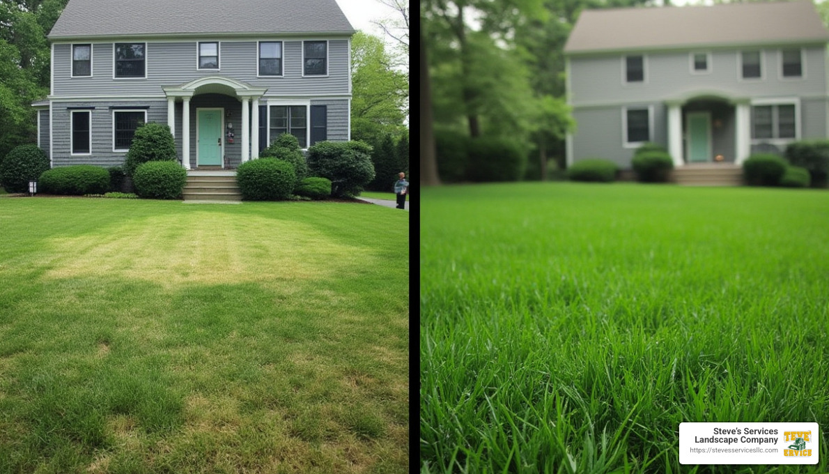 side-by-side comparison of lawn before and after using dual-technology fertilizer system - Best fertilizer for new sod