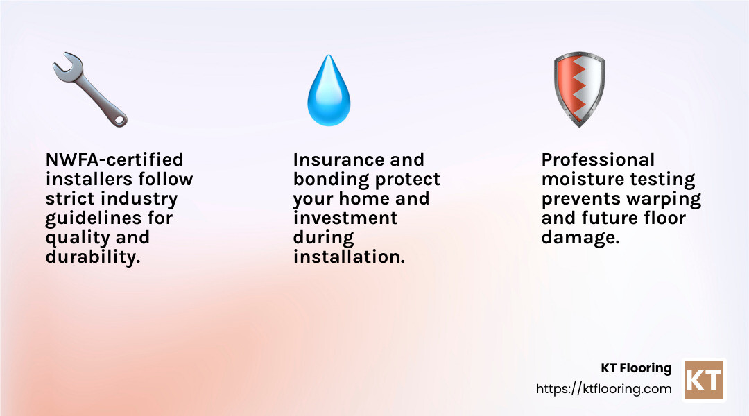 Hardwood floor installation process showing consultation, material selection, preparation, installation and finishing steps - Hardwood floor installation services infographic 3_facts_emoji_light-gradient