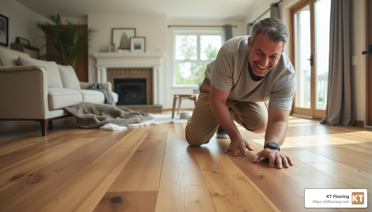 happy homeowner inspecting newly installed hardwood floor - Hardwood floor installation services