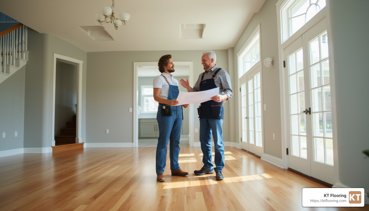 satisfied homeowner reviewing hardwood floor installation with contractor - Hardwood floor installation services