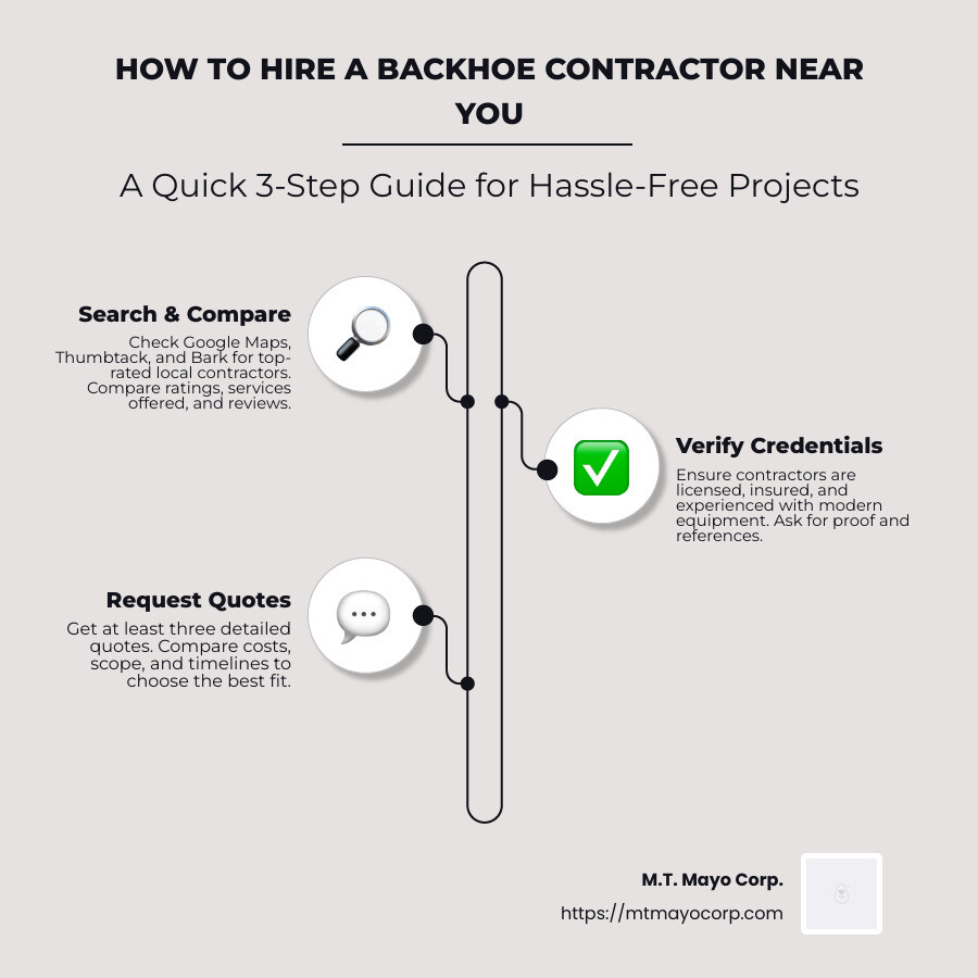 Detailed infographic showing the backhoe contractor hiring process including search methods, average costs, credential verification steps, and typical project timeline from consultation to completion - backhoe contractors near me infographic infographic-line-3-steps-neat_beige