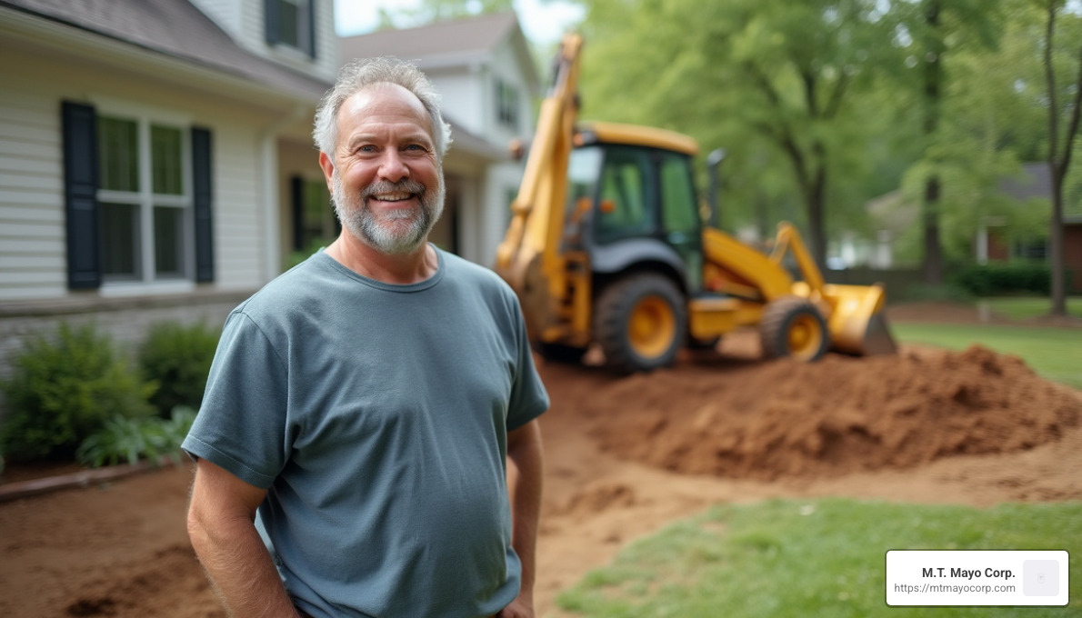 satisfied homeowner examining completed excavation project - backhoe contractors near me