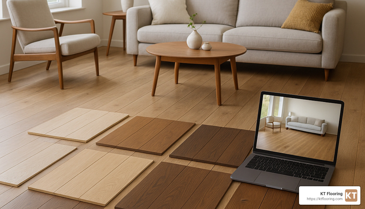 digital visualization of hardwood flooring options in a living room - Hardwood floor installation services