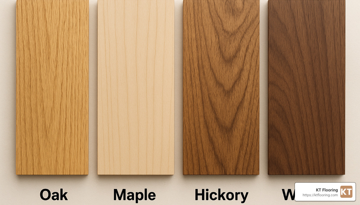 hardwood flooring species comparison showing oak, maple, hickory and walnut - Hardwood floor installation services