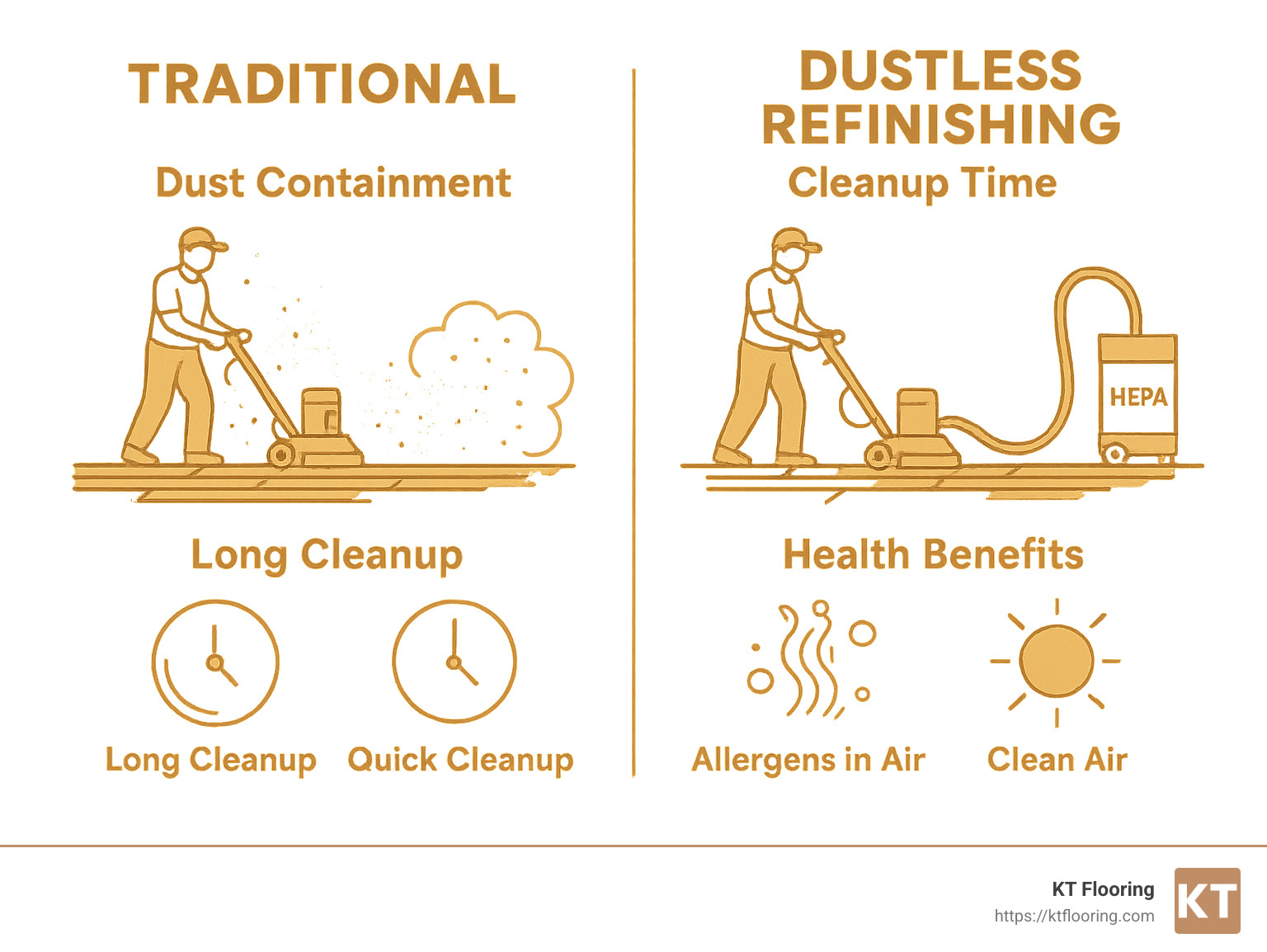 Comparison of traditional vs dustless refinishing showing dust containment, cleanup time, and health benefits - Hardwood floor installation services infographic 