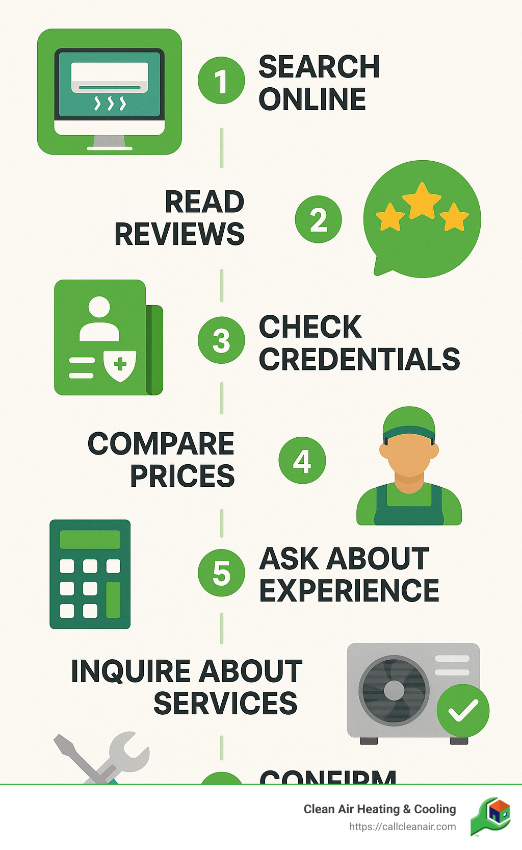 Infographic showing the 7-step process for finding a reliable AC tune-up service - ac tune up near me infographic 