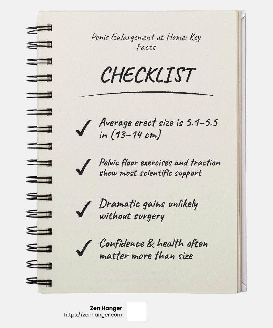 Comprehensive comparison of penis enlargement methods showing average gains, time commitment, safety considerations, and scientific evidence for each technique including pelvic floor exercises, manual stretching, traction devices, pumps, and lifestyle changes - Penis enlargement at home infographic checklist-notebook