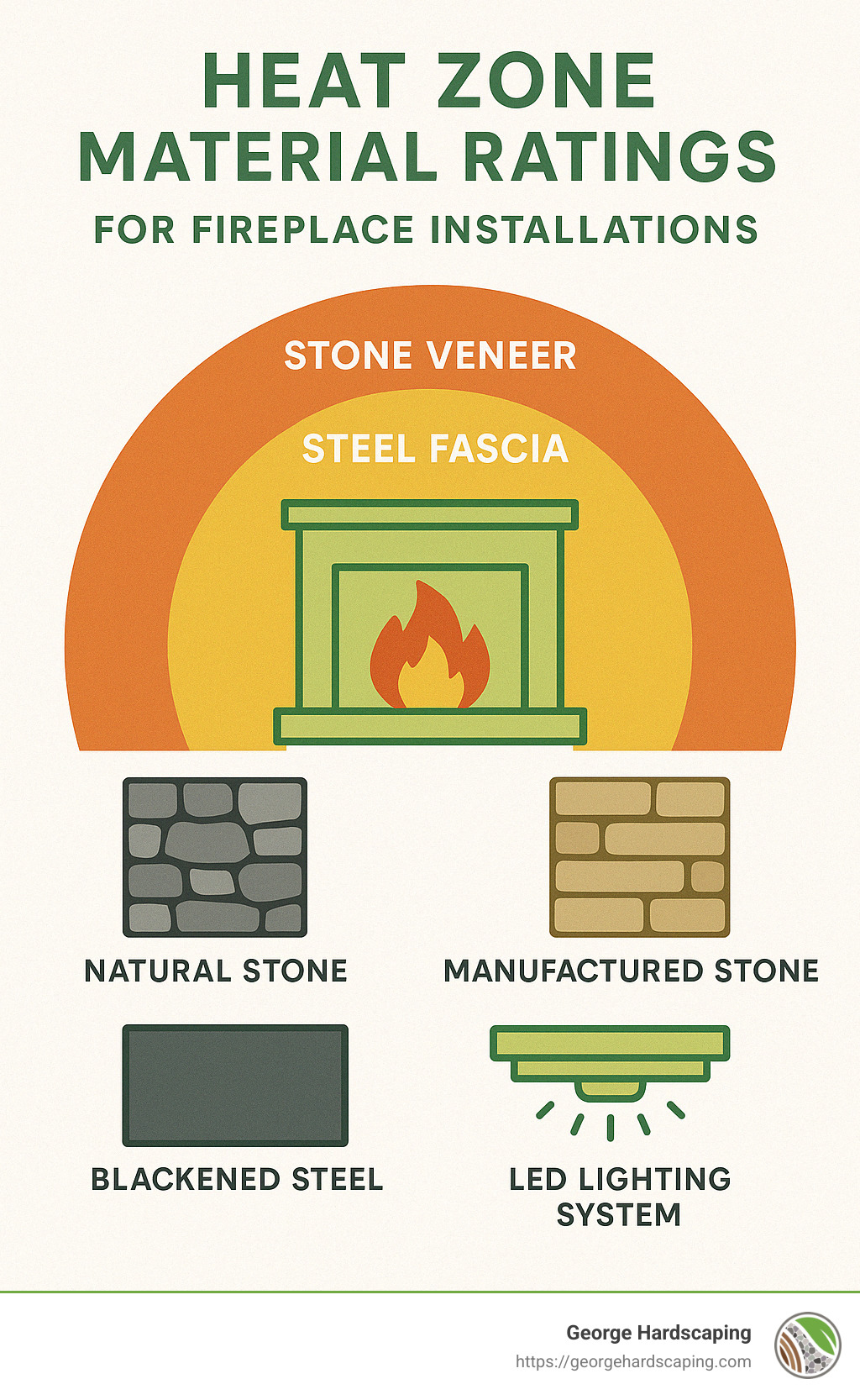Heat zone material ratings showing which materials are appropriate for different temperature zones around a fireplace - Custom Fireplaces Installation infographic 