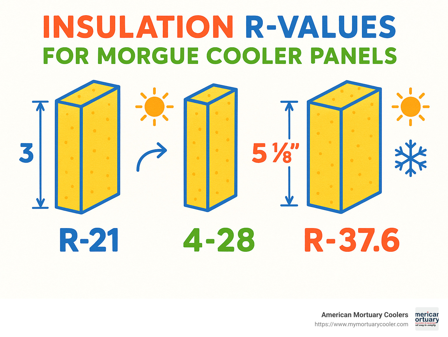 Insulation R-values for different panel thicknesses in morgue coolers - Morgue coolers  infographic 