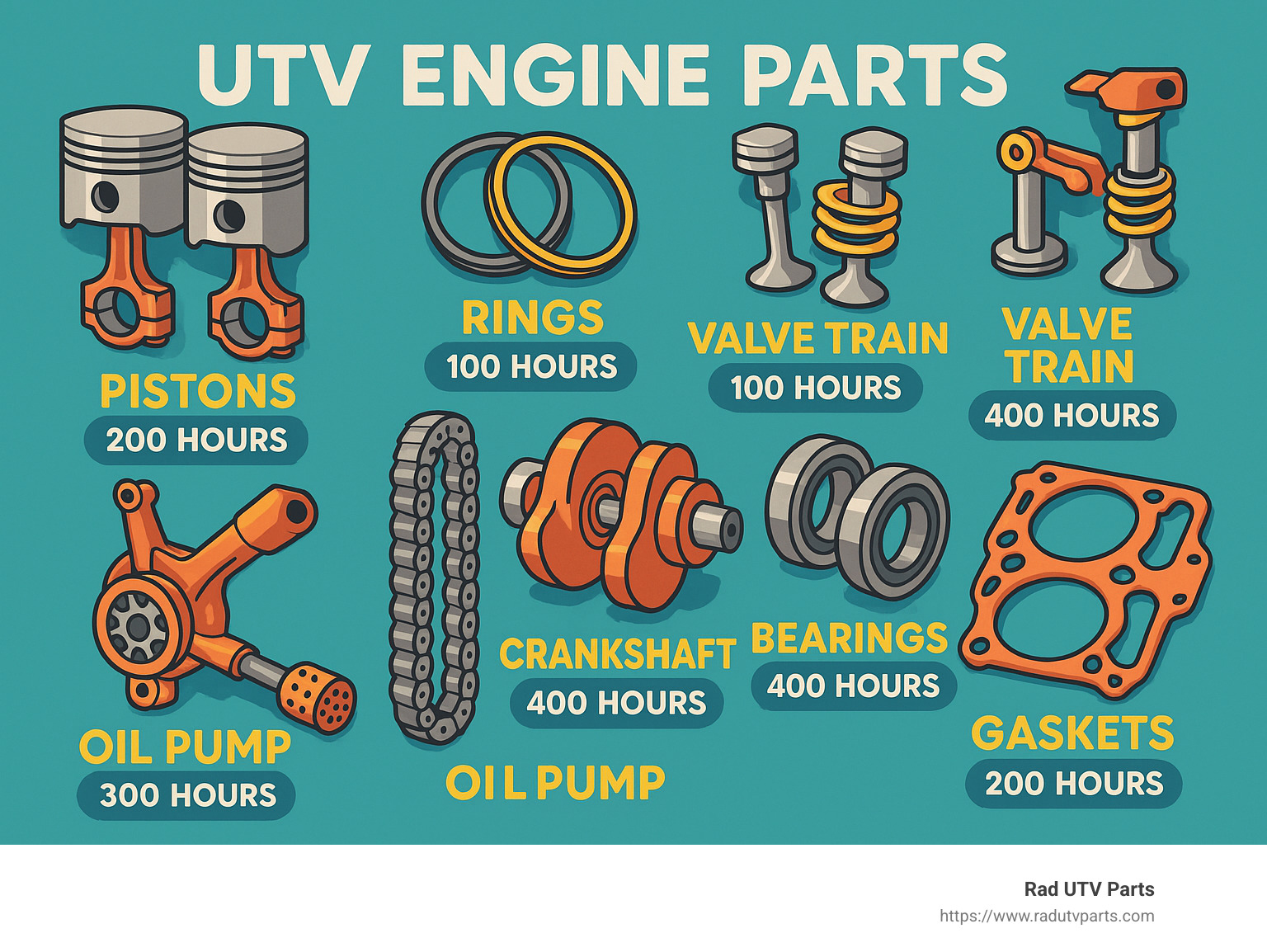 Comprehensive diagram showing common UTV engine parts including pistons, rings, valve train, cam chains, crankshaft, bearings, oil pump, gaskets, and their typical replacement intervals - UTV engine parts infographic 