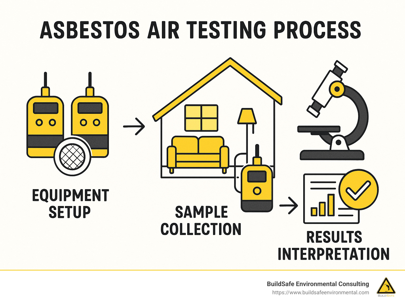 Detailed infographic showing the asbestos air testing process including equipment setup, sample collection, laboratory analysis, and results interpretation with safety thresholds - asbestos air quality testing infographic 