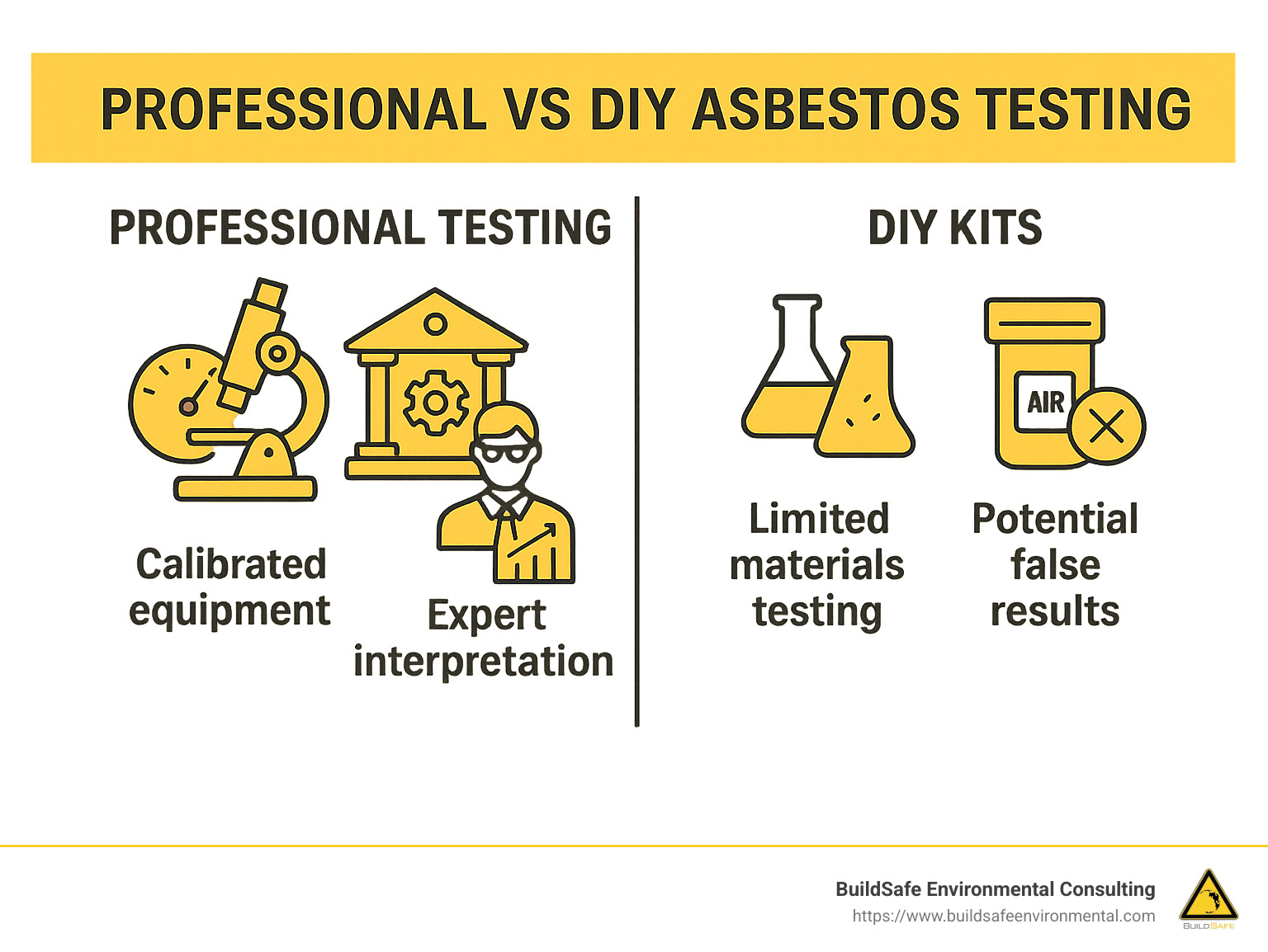 Comparison of professional vs DIY asbestos testing accuracy and comprehensiveness - asbestos air quality testing infographic 