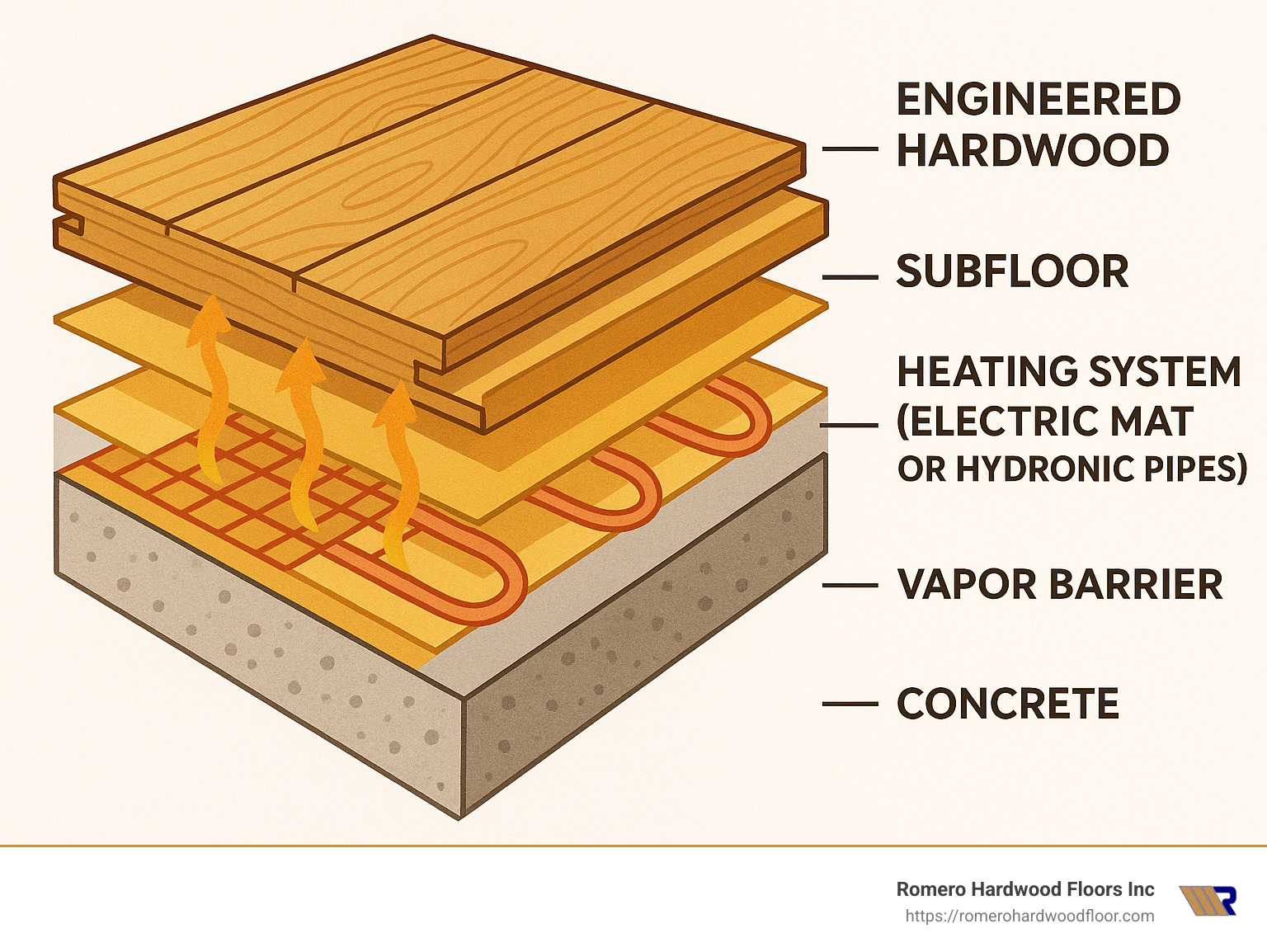 Diagram showing layers of heated hardwood floor installation on concrete with vapor barrier, heating system, subfloor, and engineered hardwood components with temperature flow indicators - heated hardwood floors on concrete infographic 