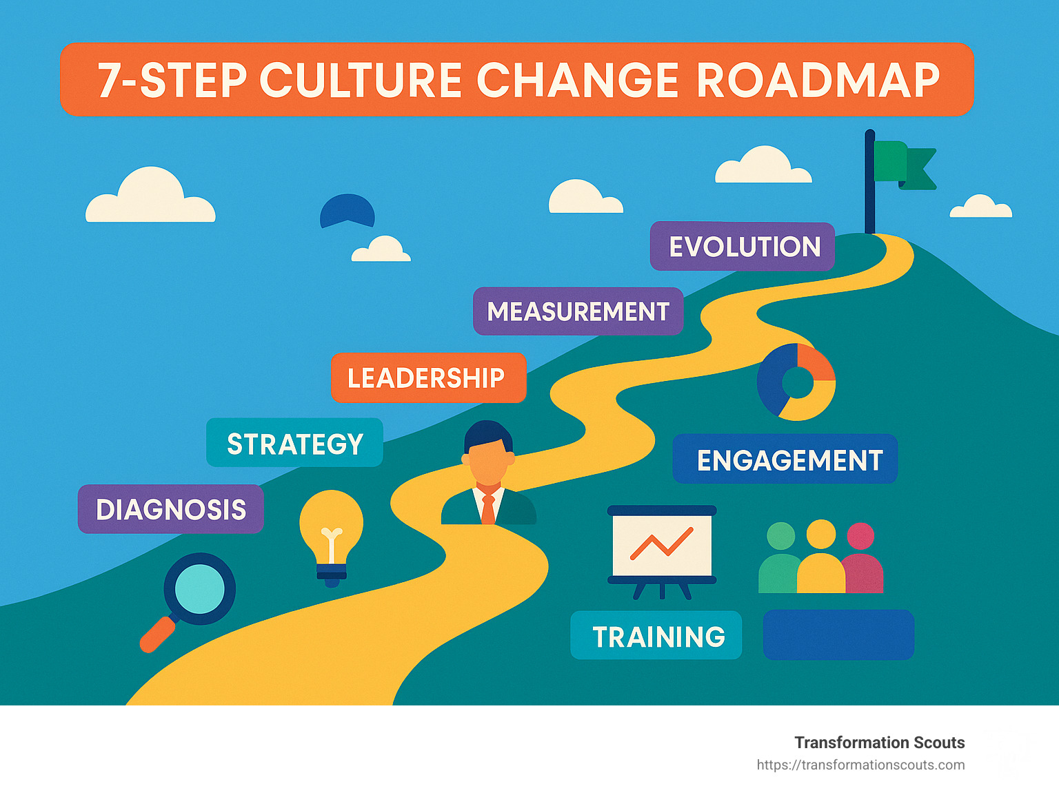 7-step culture change roadmap showing progression from diagnosis to evolution with key activities and milestones at each stage - culture change consultancy London infographic