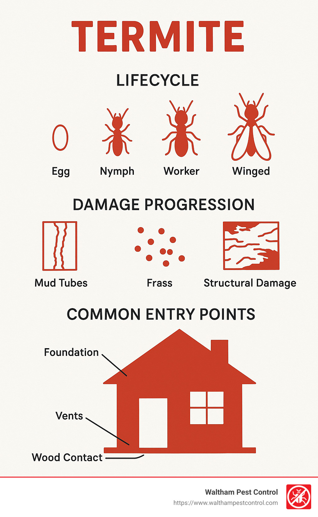Termite damage in a home showing mud tubes, damaged wood, and worker termites - a comprehensive visual guide to identifying termites inside house