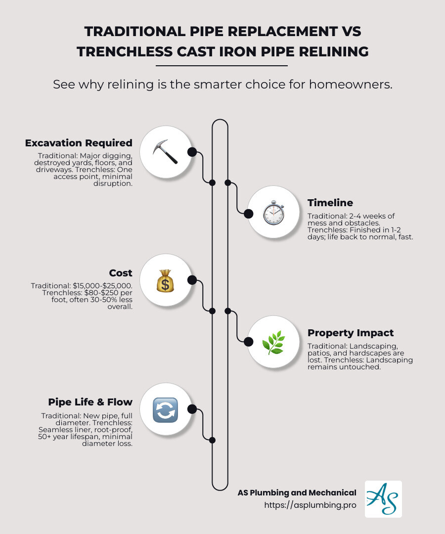 Comparison of traditional pipe replacement versus trenchless cast iron pipe relining, showing excavation requirements, timeline, cost, and property disruption for each method - cast iron pipe relining infographic infographic-line-5-steps-neat_beige