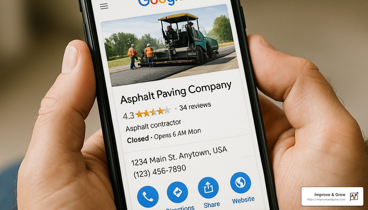 Image of person holding a smartphone with an Asphalt paving cconapnies Google Business listing showing on the screen - online marketing for paving contractors
