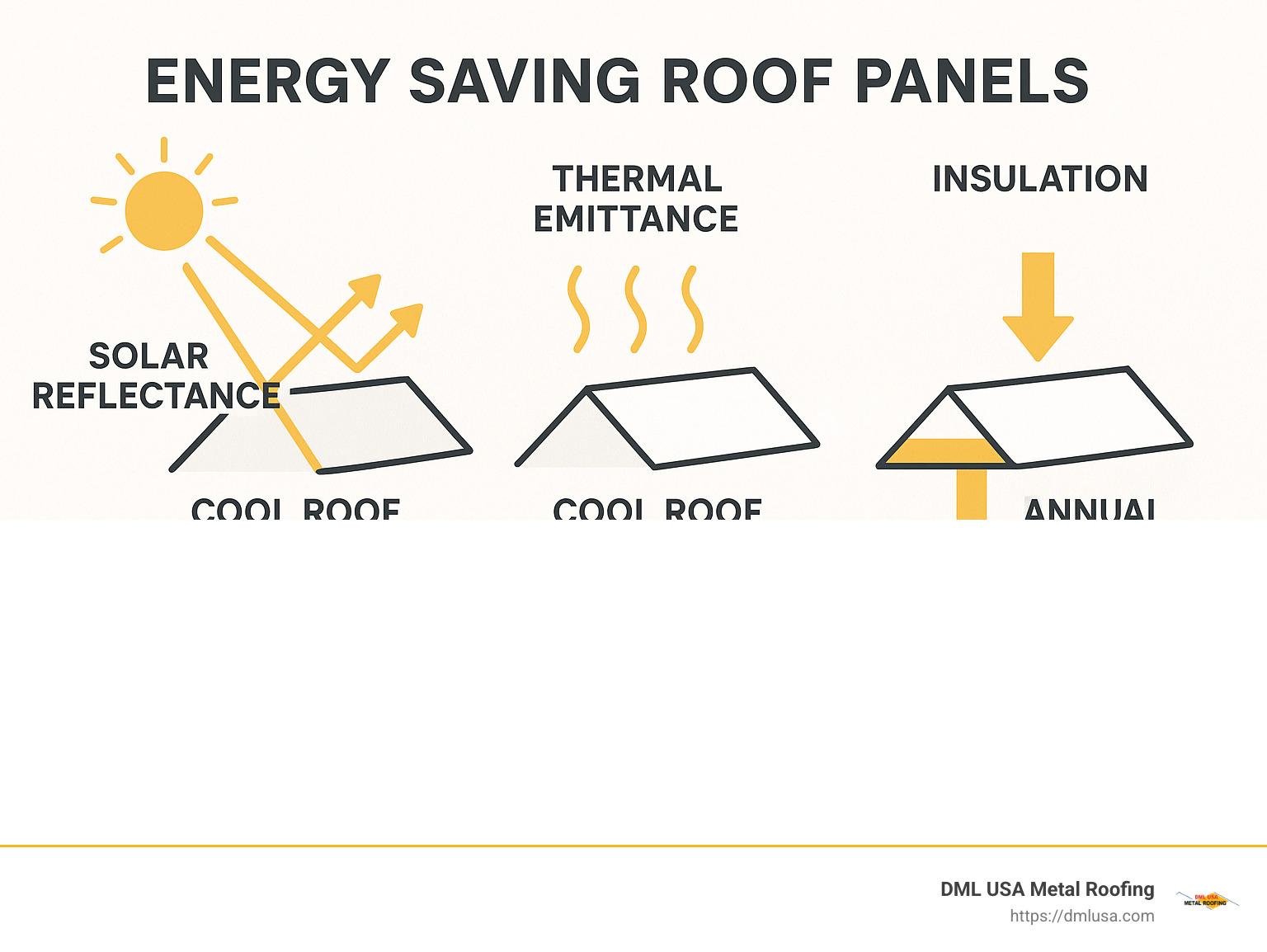 Diagram showing how energy saving roof panels work through solar reflectance, thermal emittance, and insulation, with temperature comparisons between traditional and cool roofs and estimated annual savings - energy saving roof panels infographic 