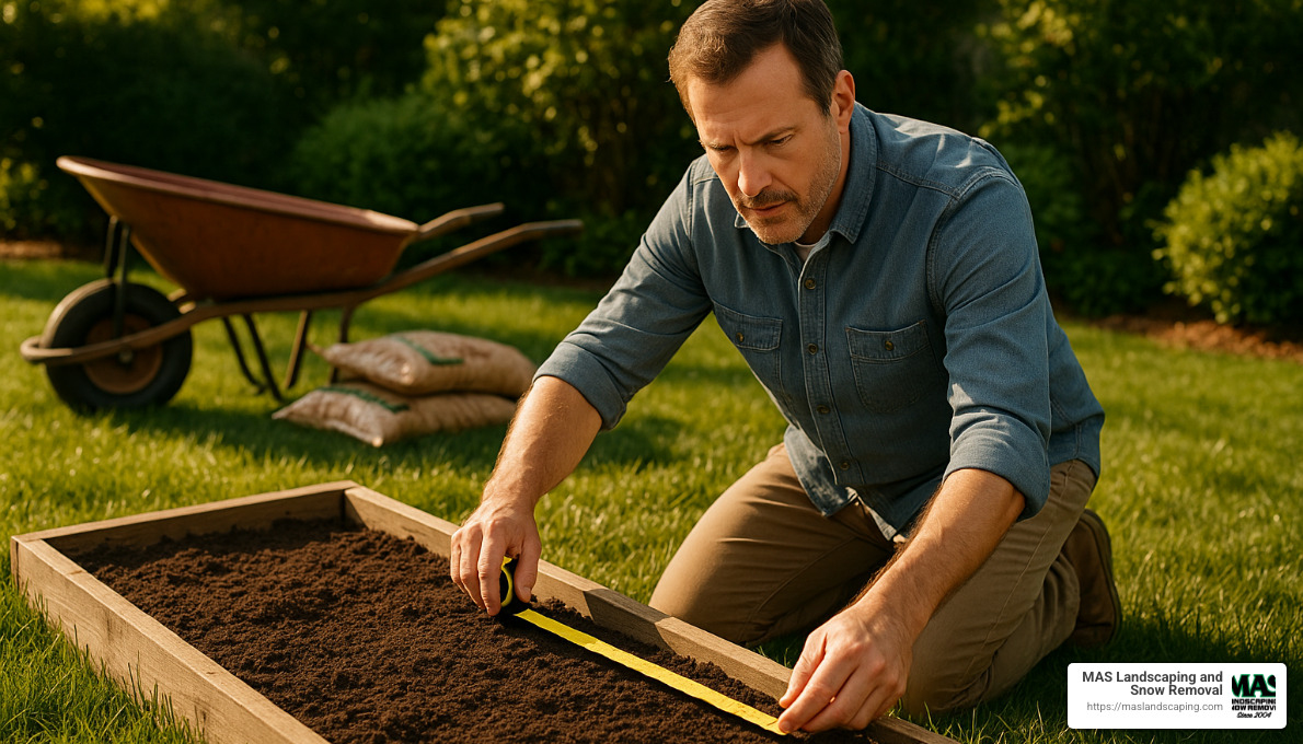 homeowner measuring garden bed for mulch - how much is a cubic yard of mulch