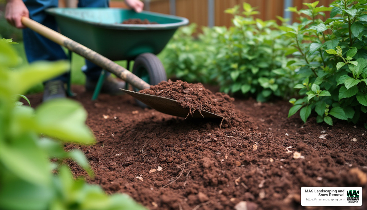 fresh mulch being spread in garden bed - how much is a cubic yard of mulch