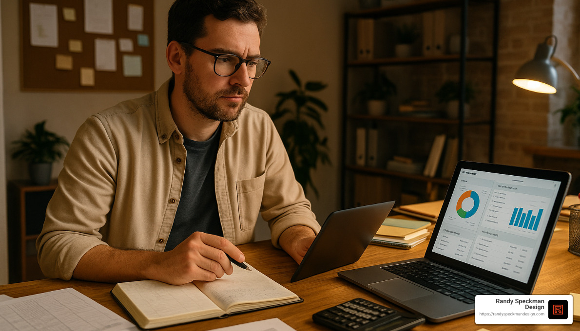 Small business owner transitioning from paper ledgers to digital tools - Digital solutions for small business