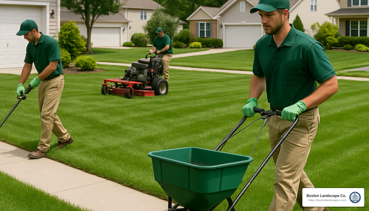 professional lawn care services showing mowing, edging, and fertilization - residential lawn care services