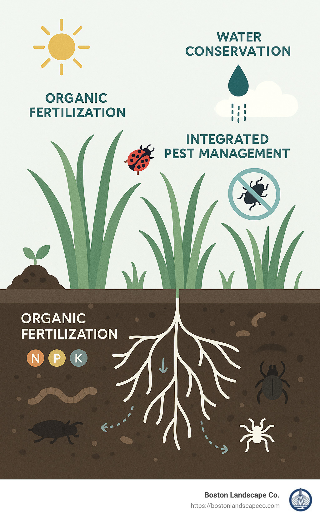 Soil to sky diagram showing healthy lawn ecosystem from roots to grass blades - residential lawn care services infographic 