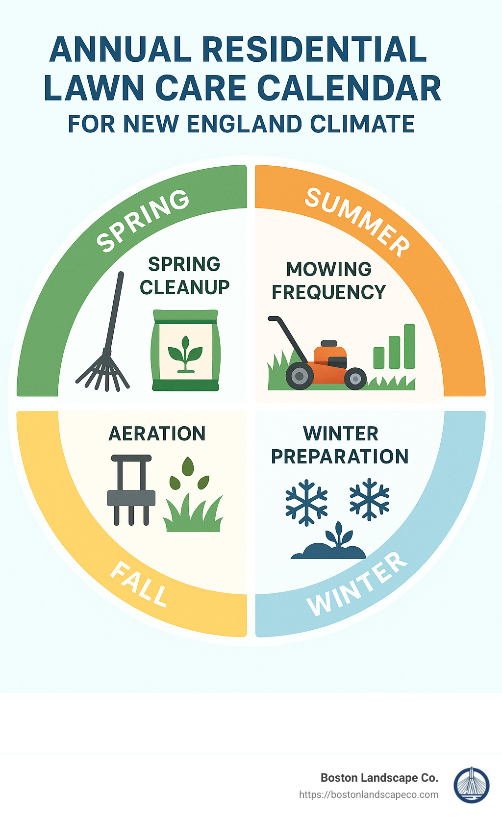 Annual residential lawn care calendar showing seasonal treatments including spring cleanup, fertilization schedule, summer mowing frequency, fall aeration, and winter preparation for New England climate - residential lawn care services infographic 