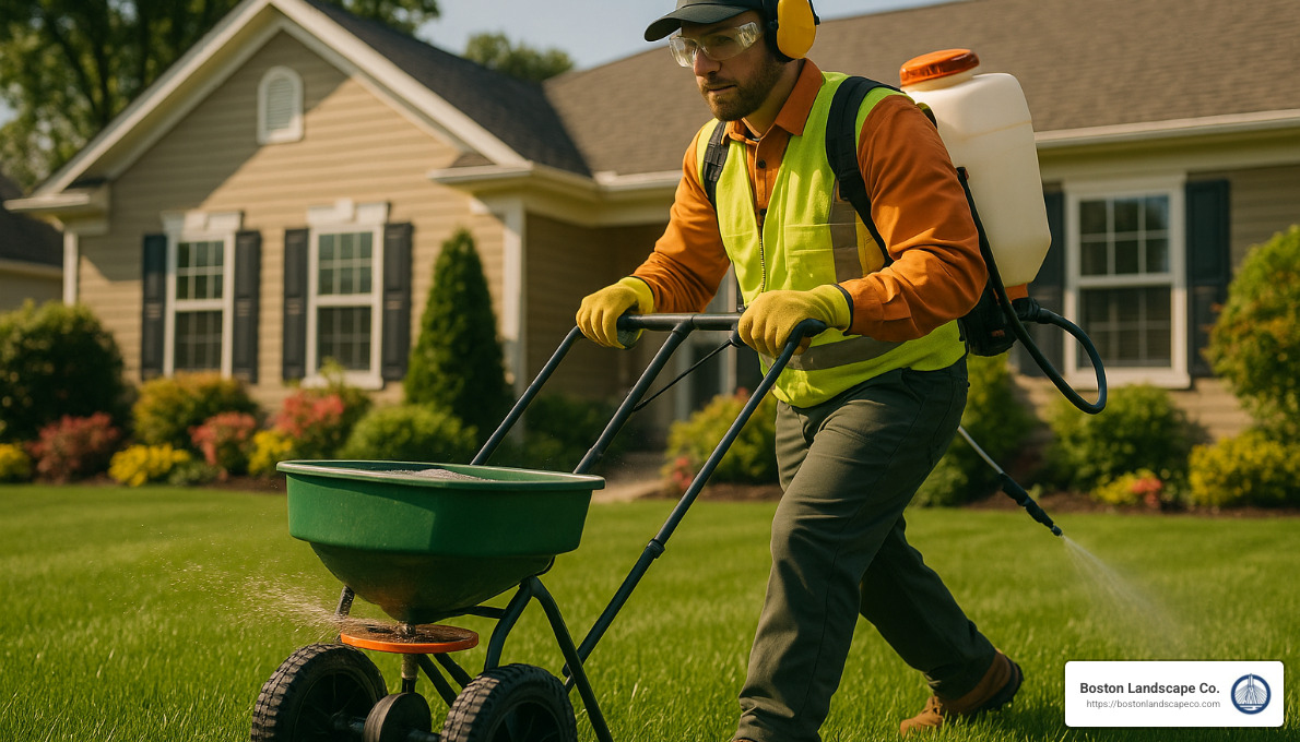professional applying lawn fertilizer and weed control - residential lawn care services