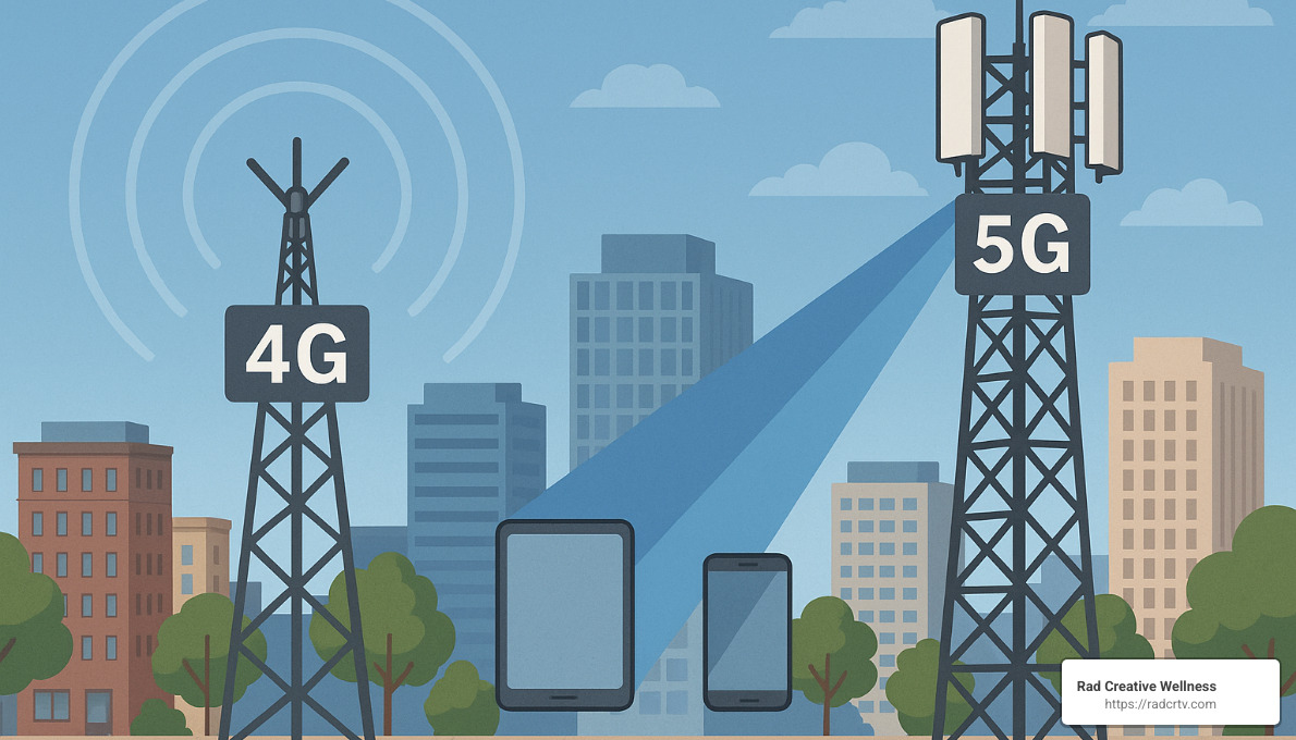 5G network tower with focused beams compared to 4G omnidirectional signals - 5g emf blockers