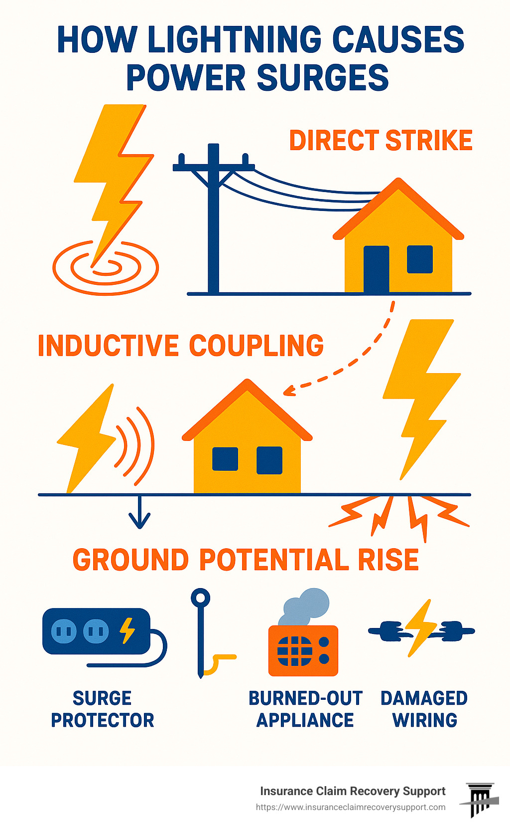 Diagram showing how lightning strikes create power surges through direct hits, inductive coupling, and ground potential rise, including protection methods and common damage points - lightning causing power surges infographic 