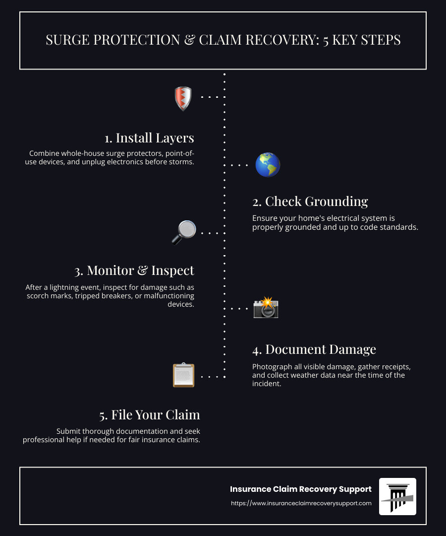 Timeline showing prevention steps, surge event, damage assessment, documentation, and claim recovery process with estimated timeframes - lightning causing power surges infographic infographic-line-5-steps-dark