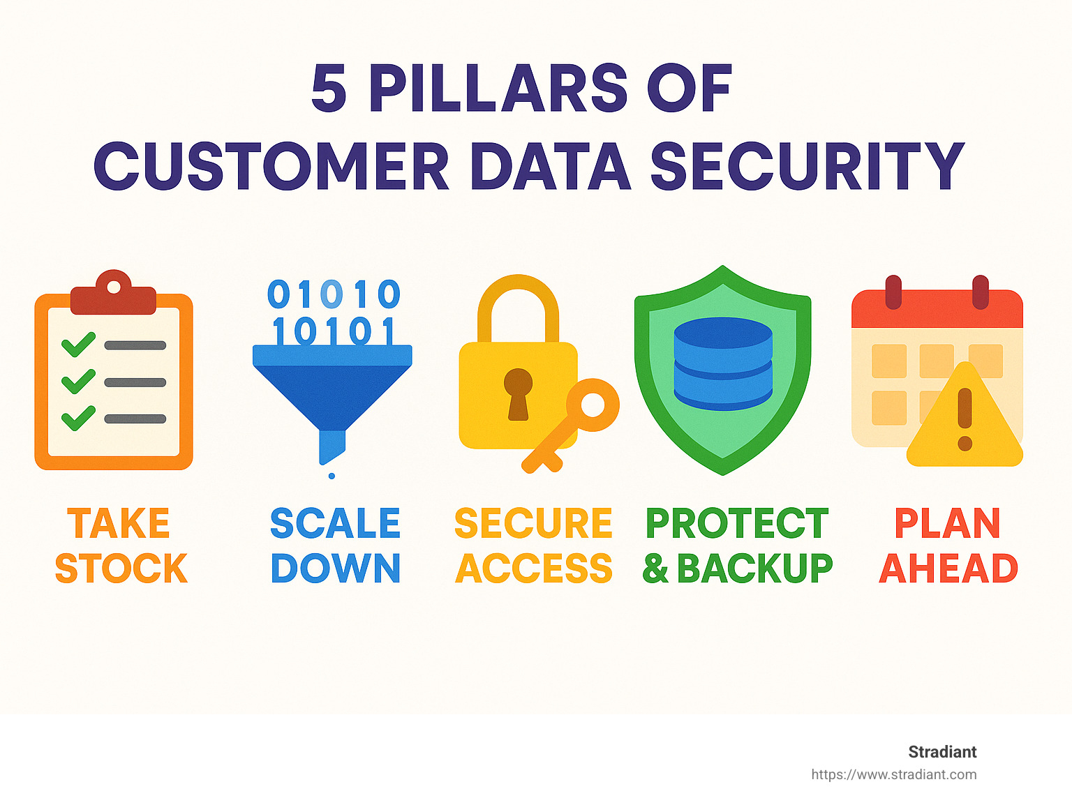 Comprehensive infographic showing the 5 pillars of customer data security: 1) Take Stock - Inventory and classify data, 2) Scale Down - Minimize collection and retention, 3) Secure Access - Implement strong authentication, 4) Protect & Backup - Encrypt data and maintain backups, 5) Plan Ahead - Monitor, train staff, and prepare incident response - how to secure customer data infographic 