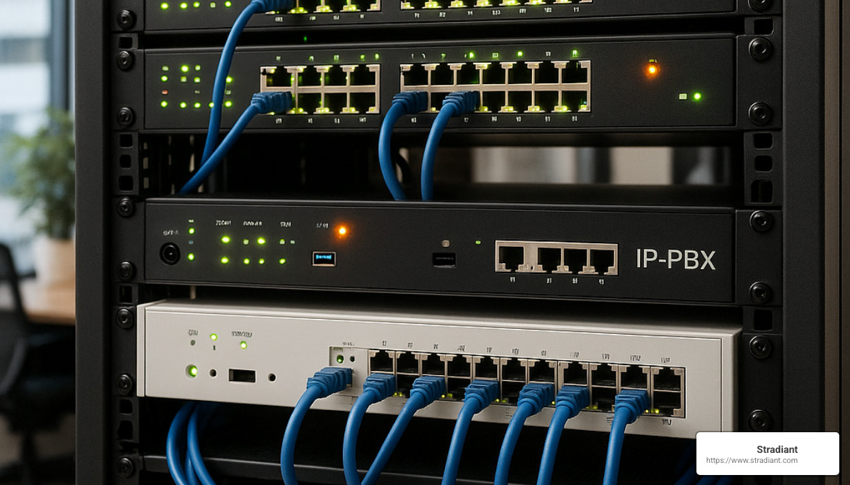 server rack with IP-PBX equipment - business phone systems austin