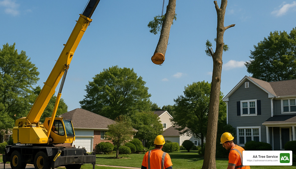 crane-assisted tree removal operation in a residential area - tree removal service