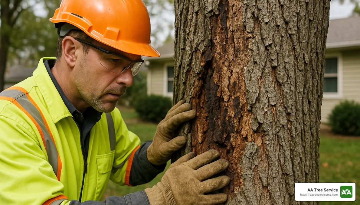 certified arborist inspecting a diseased tree trunk - tree removal service