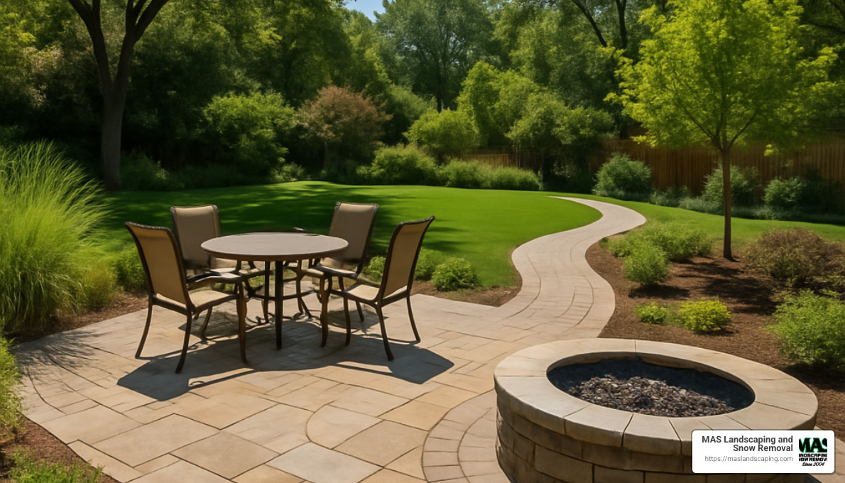 backyard with multiple hardscape elements including patio, walkway and fire pit - hardscape and design