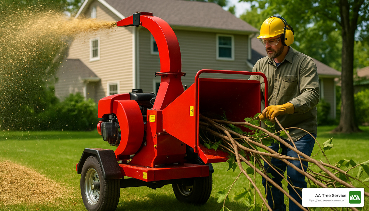 wood chipper recycling tree branches into mulch - tree removal service