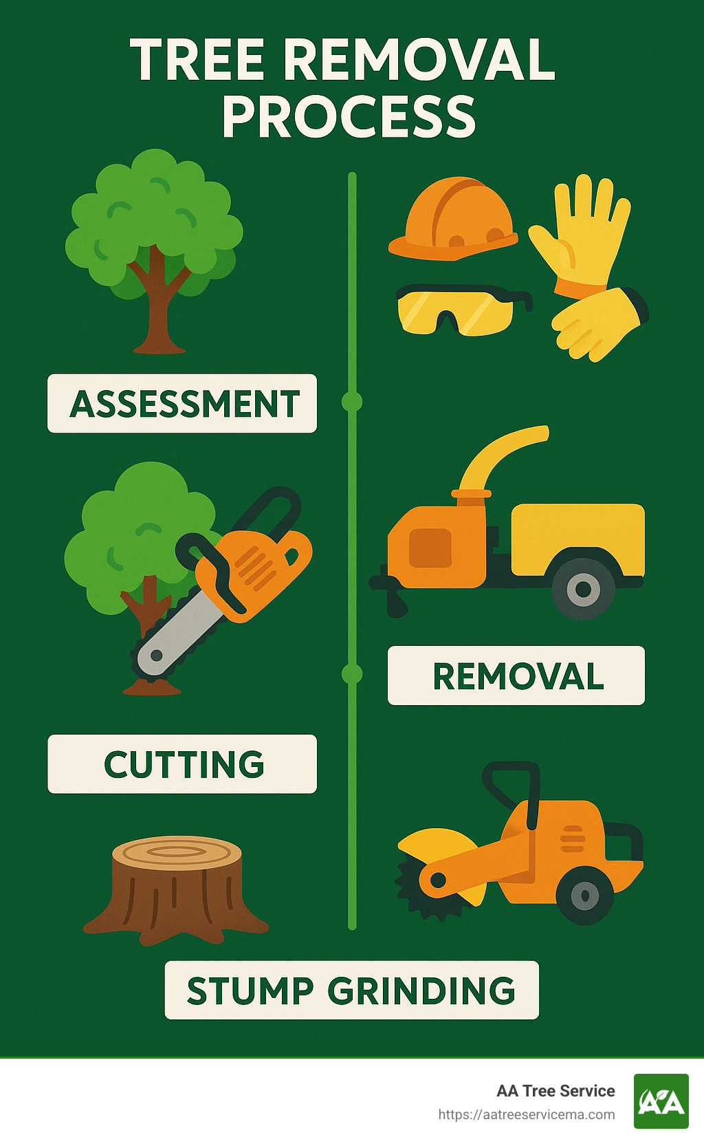 Tree removal process showing assessment, cutting, removal, and stump grinding phases with safety equipment and specialized tools required for each stage - tree removal service infographic