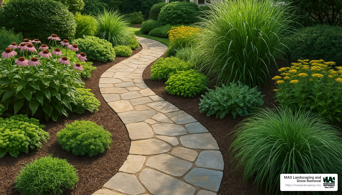 hardscape and softscape comparison showing stone pathway with lush plantings - hardscape and design